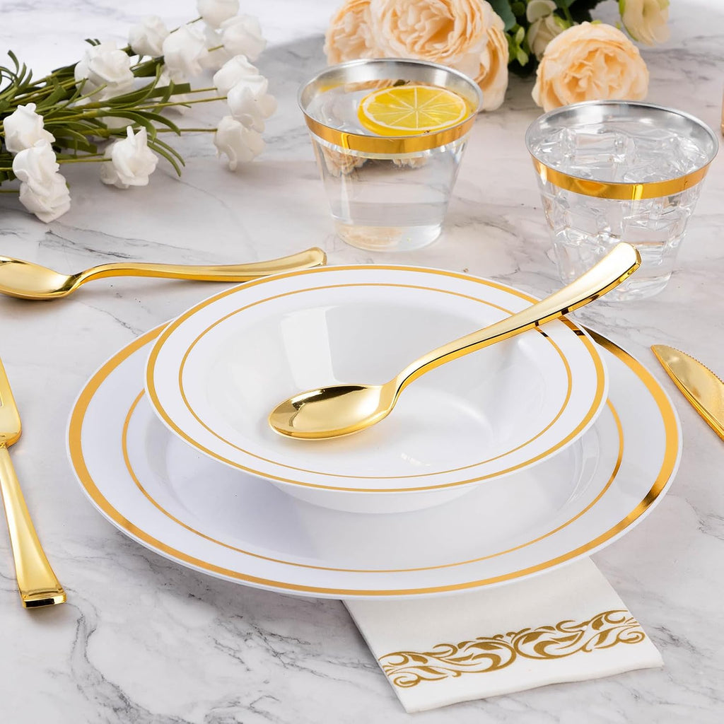 50 Pack Plastic Bowls with Gold Rim
