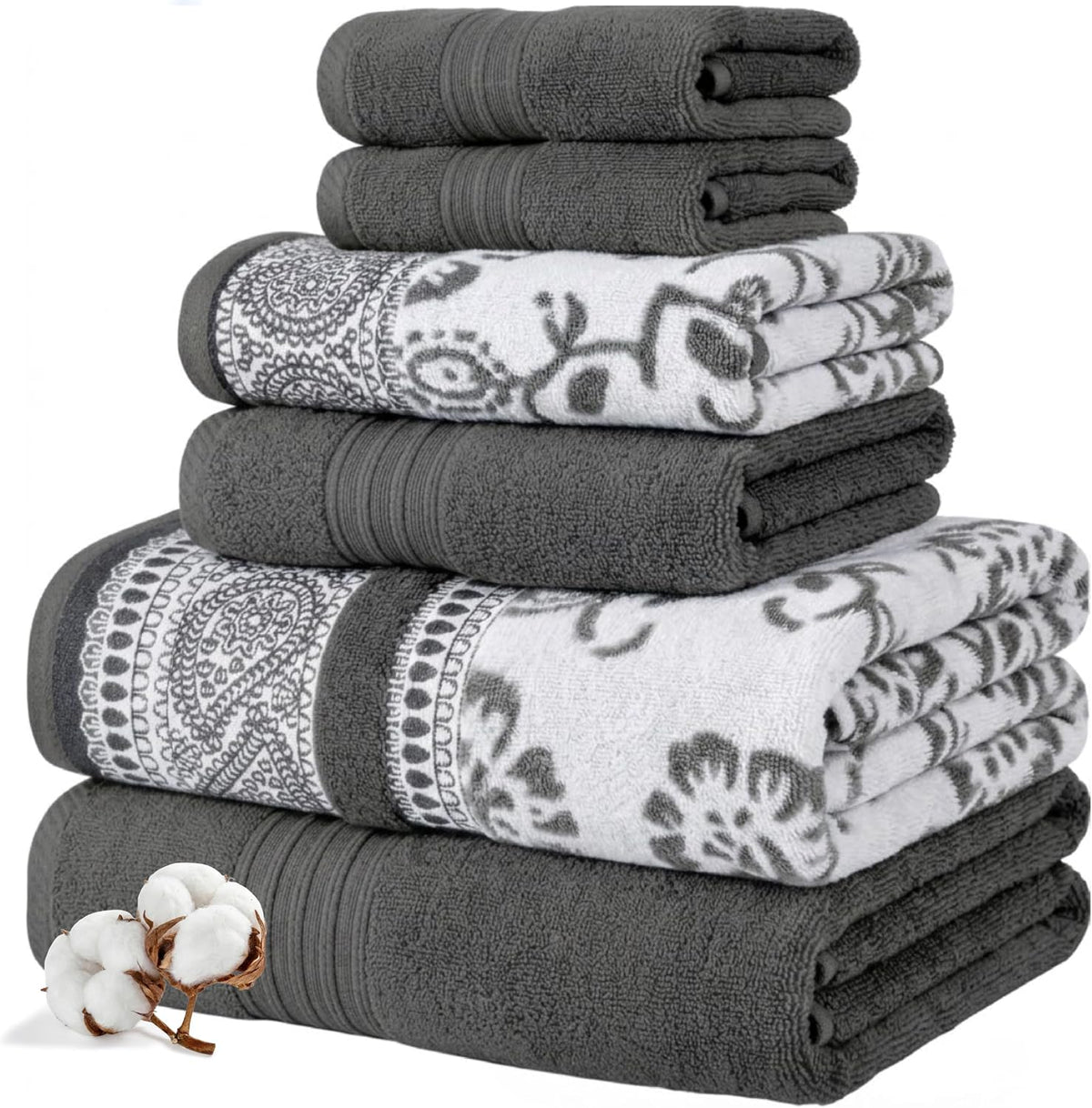 6 Piece Bath Towel Set – Bathroom Set with 2 Bath Towels, 2 Hand Towels, and 2 Wash Cloths – 100% Cotton, Super Absorbent & Extra Soft – Reversible Botanical Vine (Taupe Brown)