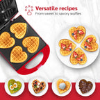 4-Section Heart Shaped Waffle Maker, Non-Stick Waffle Iron, Mini Waffle Maker for Kids, Non-Toxic Coating, Easy to Clean, Makes 4 Heart-Shaped Waffles in Minutes, Red
