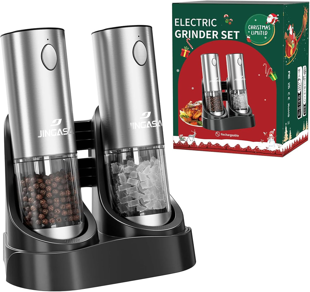 [Upgraded Larger Capacity] Electric Salt and Pepper Grinder Set with USB Charging Base, 95Ml Large Capacity, Adjustable Coarseness,Stainless Steel Automatic Pepper Mill (Upgraded Adjustmen Black)