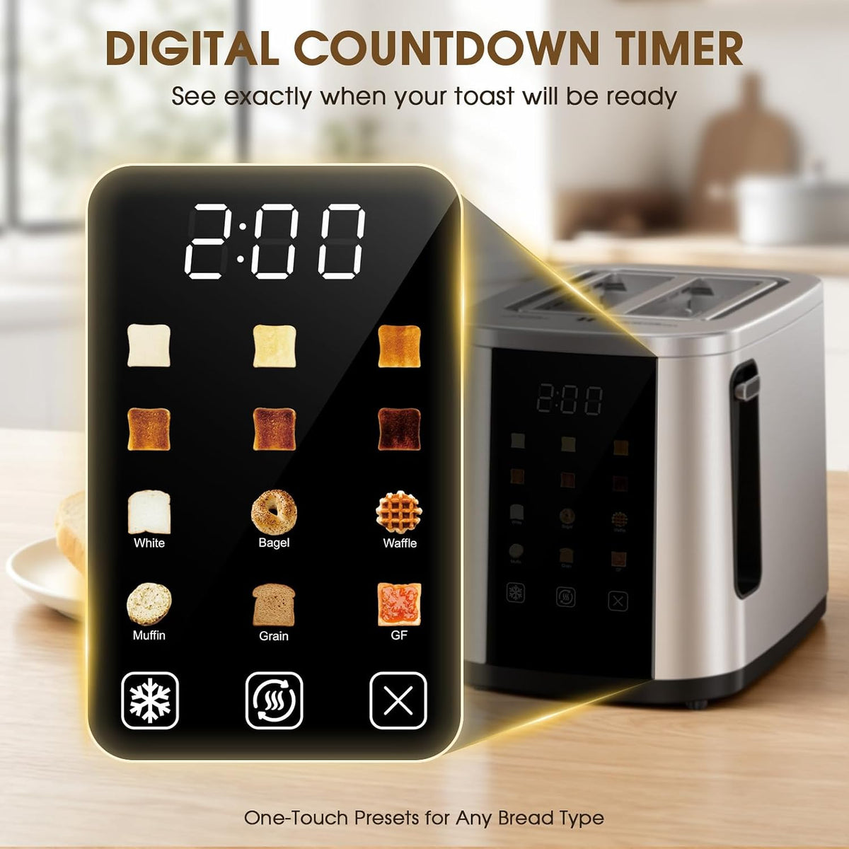 2 Slice Toaster, 1.5" Wide Slots, 7.2" Touchscreen