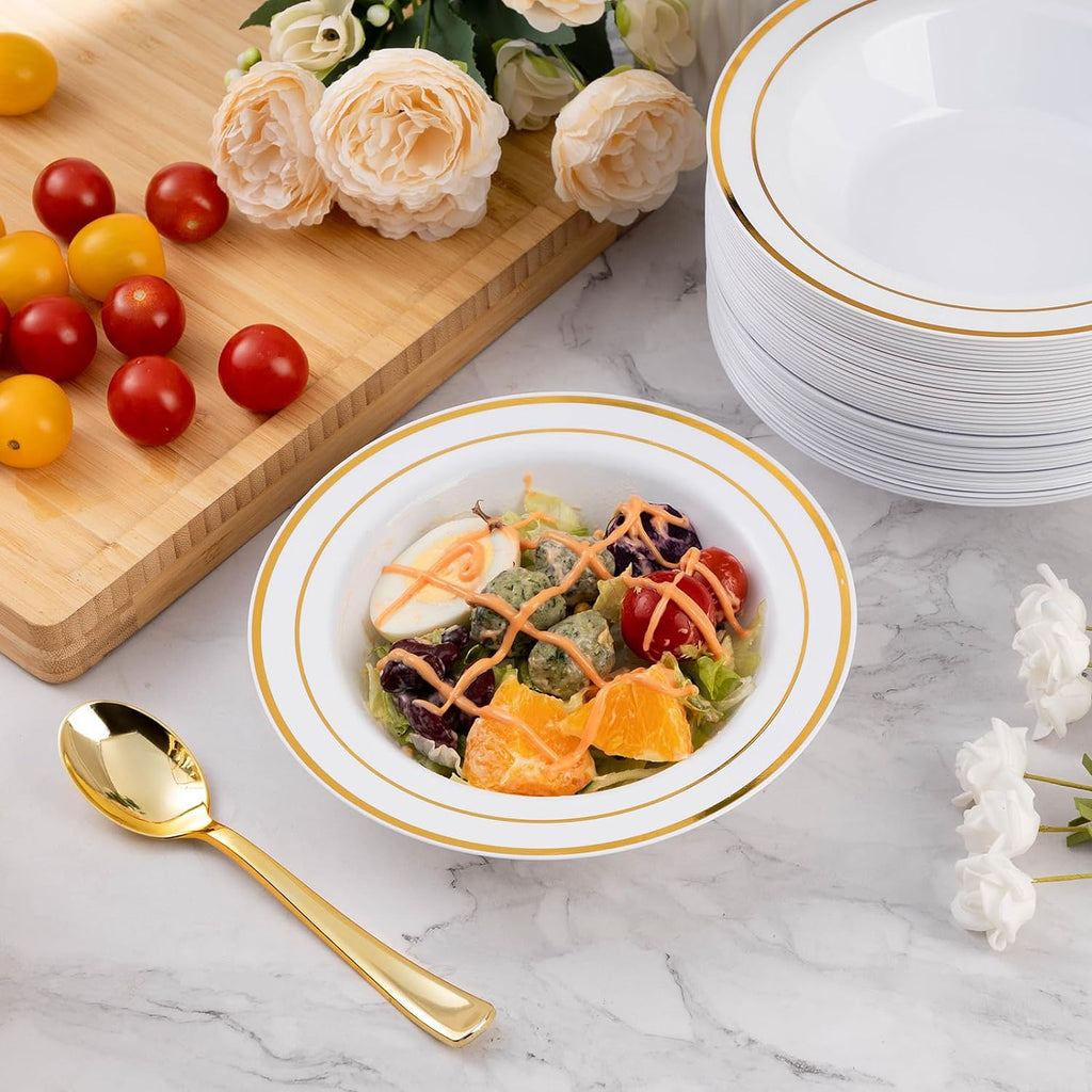50 Pack Plastic Bowls with Gold Rim