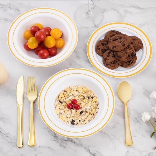 50 Pack Plastic Bowls with Gold Rim