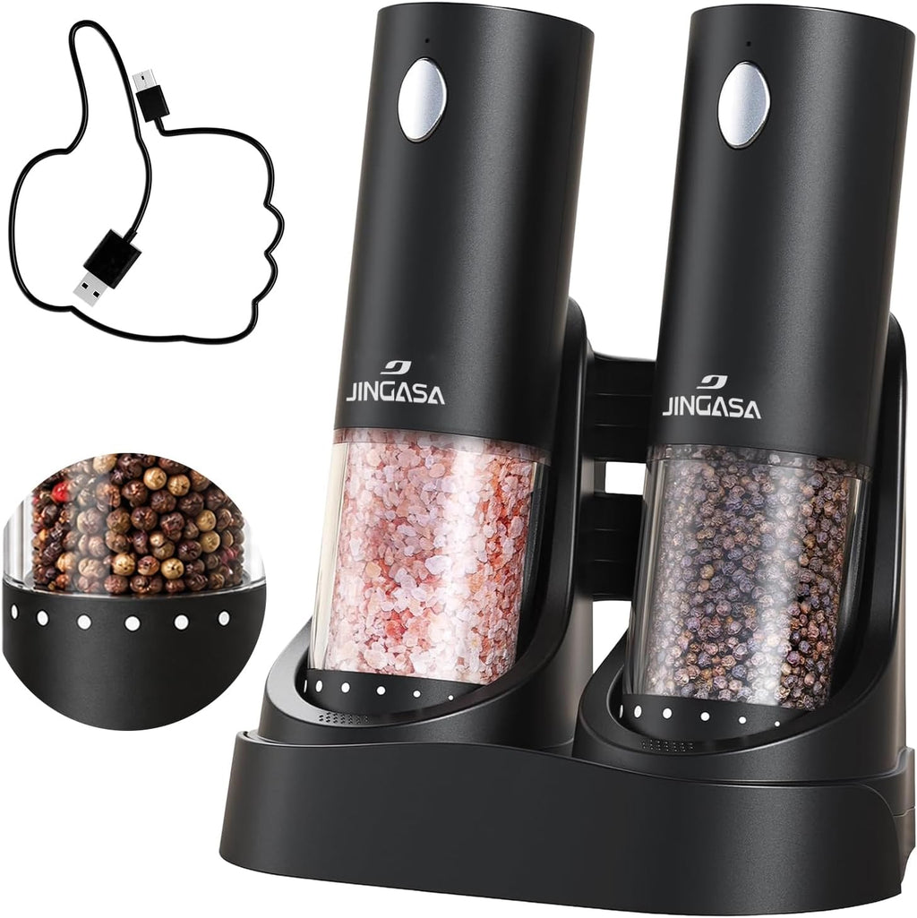 [Upgraded Larger Capacity] Electric Salt and Pepper Grinder Set with USB Charging Base, 95Ml Large Capacity, Adjustable Coarseness,Stainless Steel Automatic Pepper Mill (Upgraded Adjustmen Black)