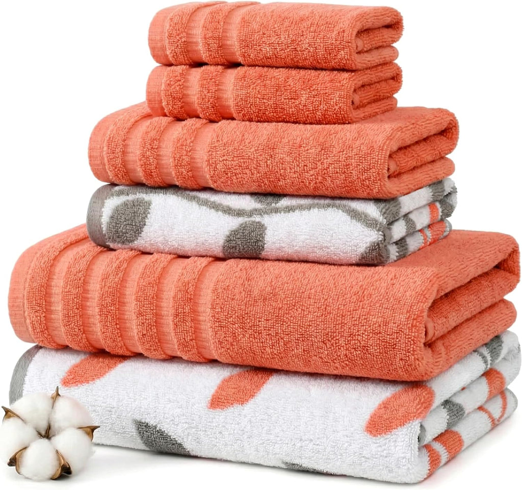 6 Piece Bath Towel Set – Bathroom Set with 2 Bath Towels, 2 Hand Towels, and 2 Wash Cloths – 100% Cotton, Super Absorbent & Extra Soft – Reversible Botanical Vine (Taupe Brown)