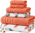 6 Piece Bath Towel Set – Bathroom Set with 2 Bath Towels, 2 Hand Towels, and 2 Wash Cloths – 100% Cotton, Super Absorbent & Extra Soft – Reversible Botanical Vine (Taupe Brown)