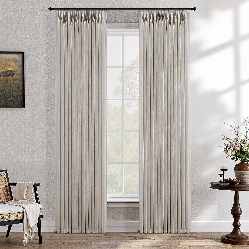 Pinch Pleated Linen Curtains 90 Inches Long Semi Sheer 2 Panels Natural