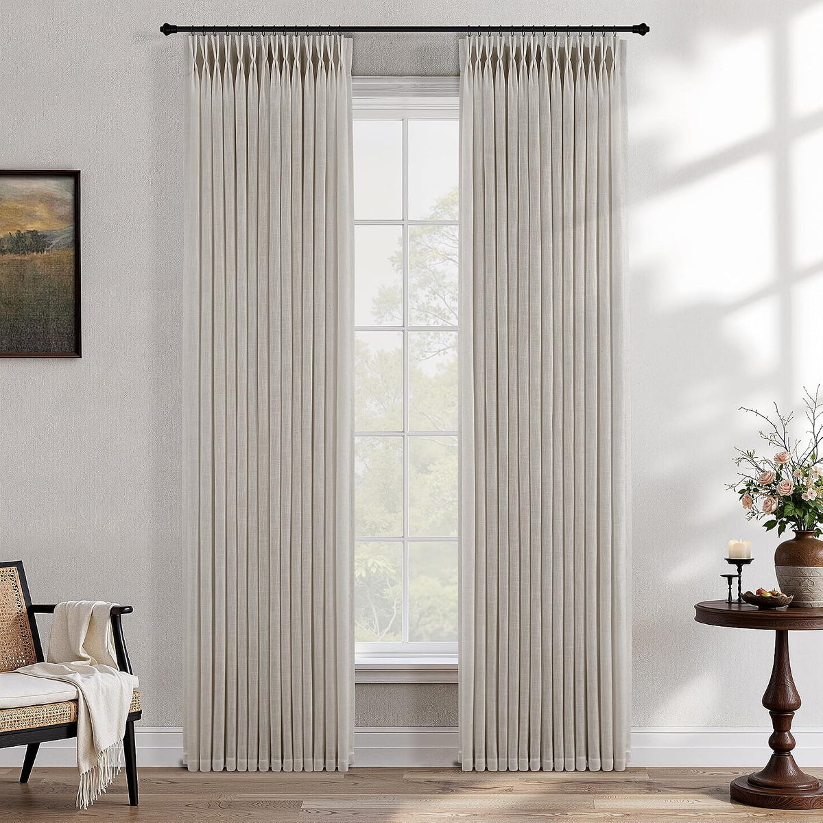 Pinch Pleated Linen Curtains 90 Inches Long Semi Sheer 2 Panels Natural