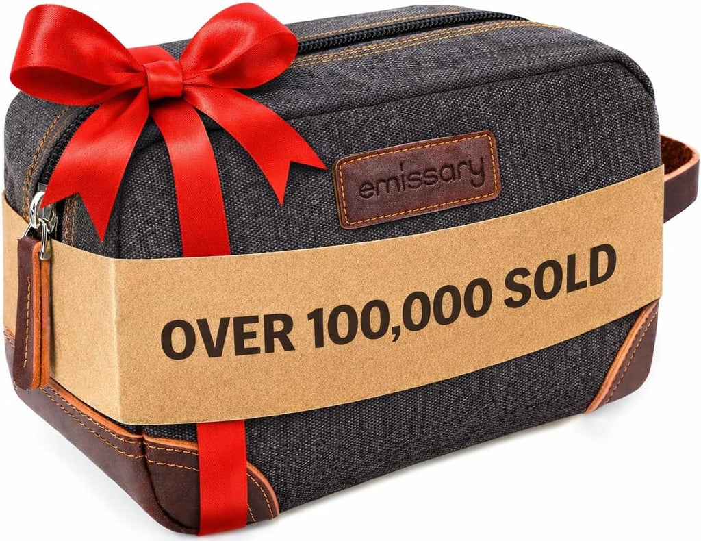 Men'S Canvas Travel Toiletry Bag, PU Leather Dopp Kit - Black