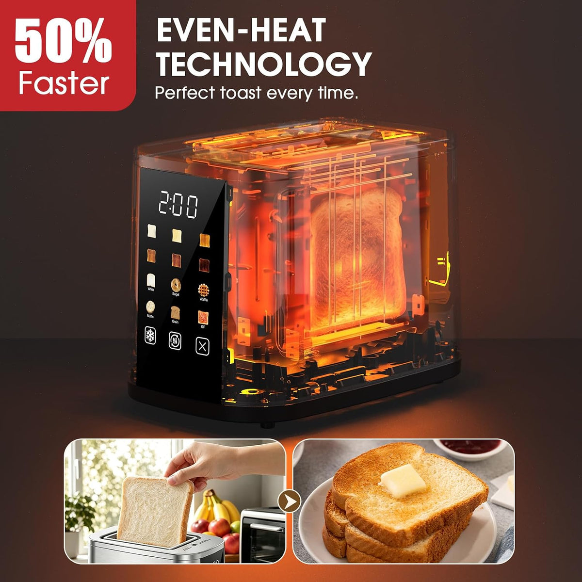 2 Slice Toaster, 1.5" Wide Slots, 7.2" Touchscreen