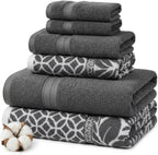 6 Piece Bath Towel Set – Bathroom Set with 2 Bath Towels, 2 Hand Towels, and 2 Wash Cloths – 100% Cotton, Super Absorbent & Extra Soft – Reversible Botanical Vine (Taupe Brown)