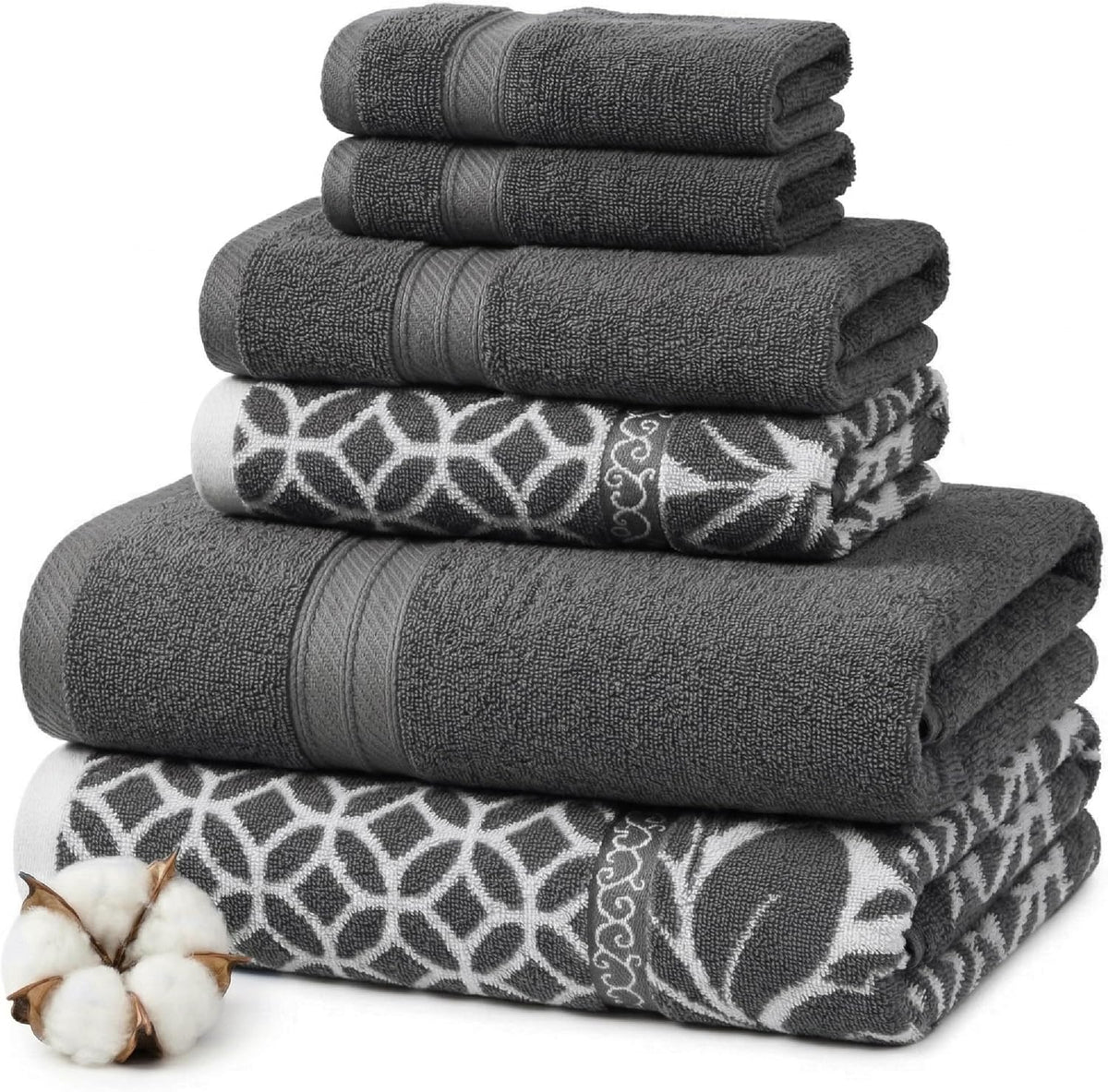 6 Piece Bath Towel Set – Bathroom Set with 2 Bath Towels, 2 Hand Towels, and 2 Wash Cloths – 100% Cotton, Super Absorbent & Extra Soft – Reversible Botanical Vine (Taupe Brown)
