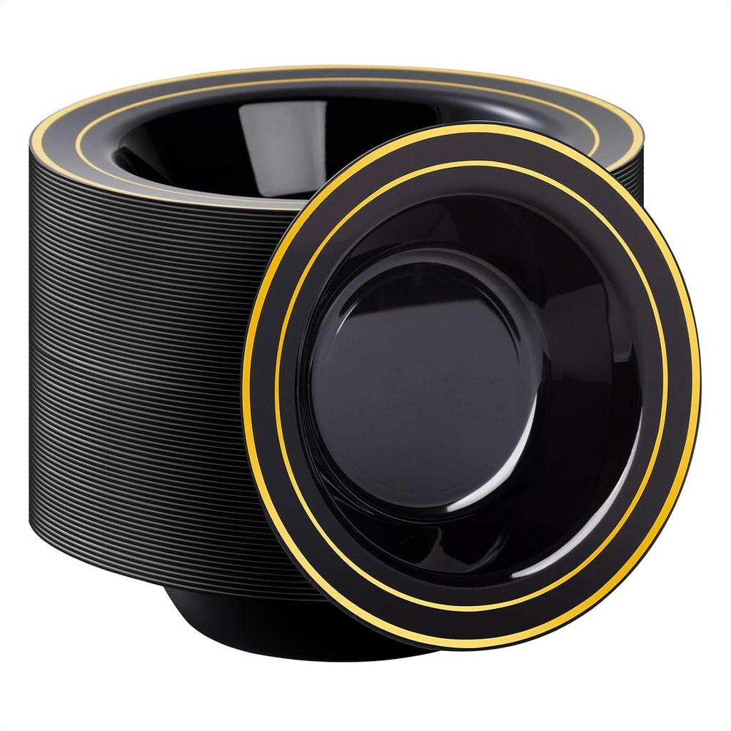 50 Pack Plastic Bowls with Gold Rim