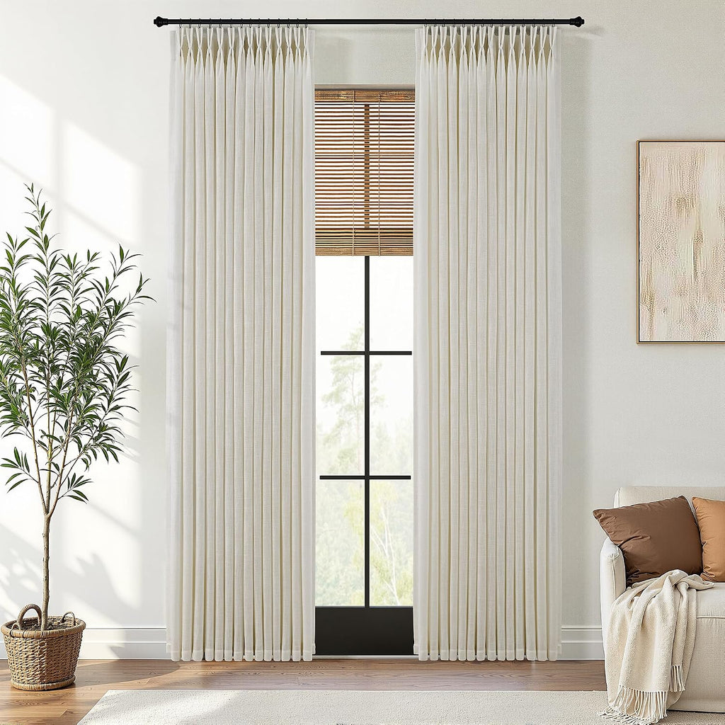 Pinch Pleated Linen Curtains 90 Inches Long Semi Sheer 2 Panels Natural
