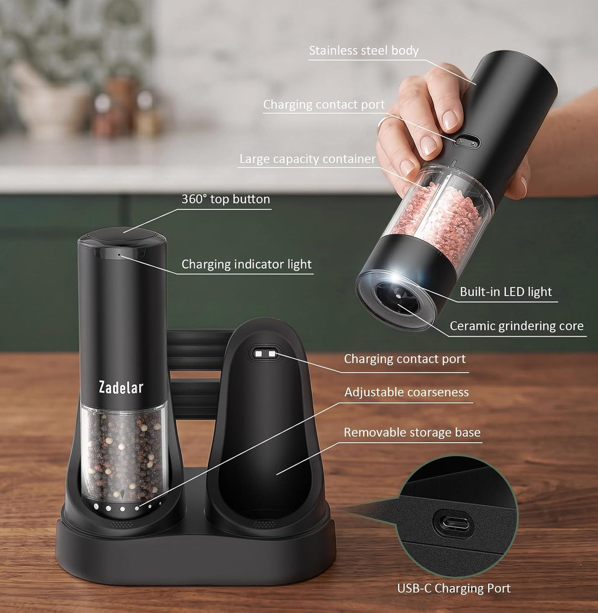 Electric Rechargeable Salt and Pepper Grinder Set,Automatic Pepper Mill Grinder with USB C Charging Dock,Upgraded 95Ml Large Capacity,Adjustable Coarseness,Led Light,High-End Black