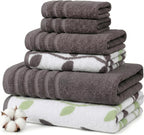 6 Piece Bath Towel Set – Bathroom Set with 2 Bath Towels, 2 Hand Towels, and 2 Wash Cloths – 100% Cotton, Super Absorbent & Extra Soft – Reversible Botanical Vine (Taupe Brown)