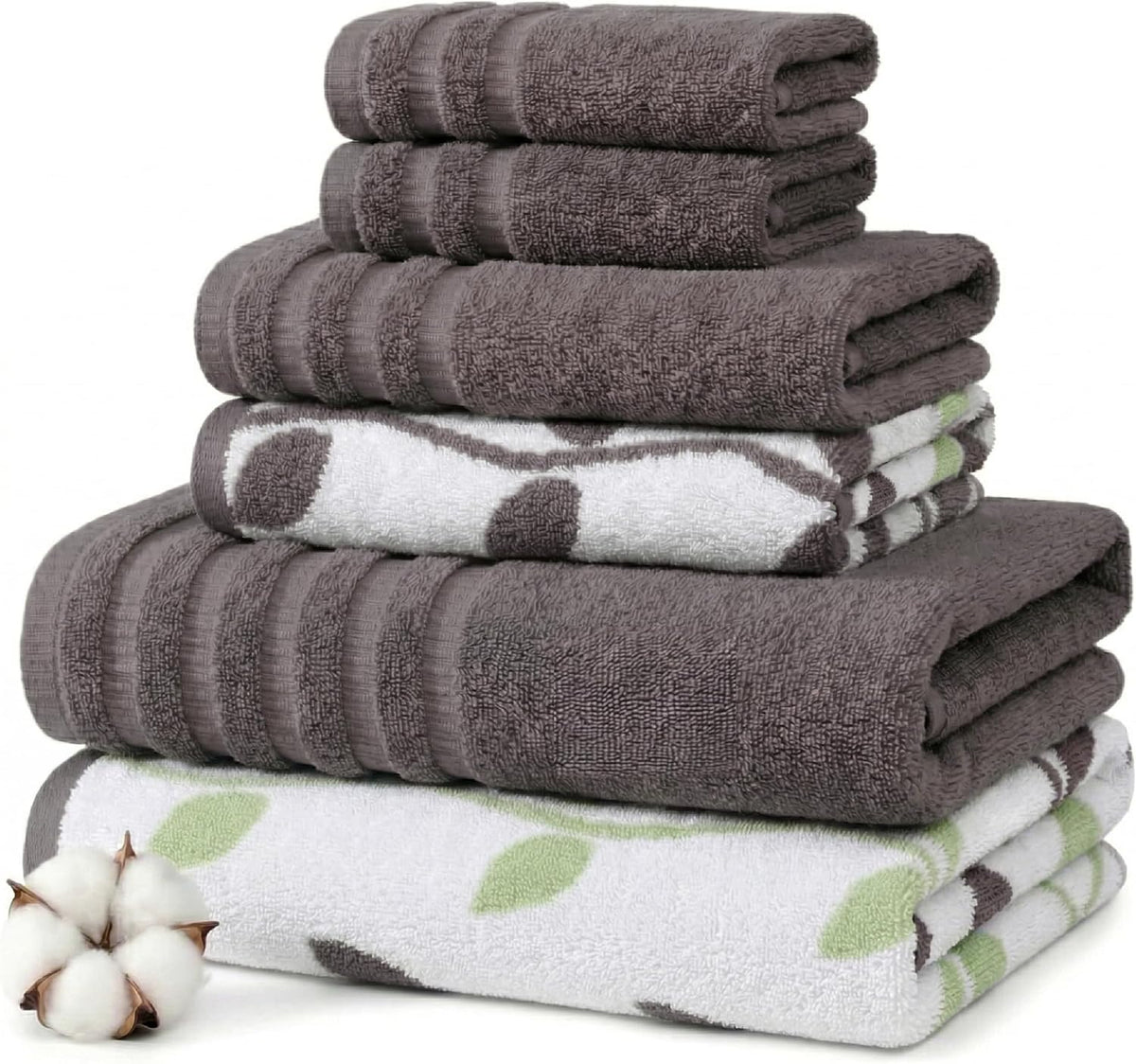 6 Piece Bath Towel Set – Bathroom Set with 2 Bath Towels, 2 Hand Towels, and 2 Wash Cloths – 100% Cotton, Super Absorbent & Extra Soft – Reversible Botanical Vine (Taupe Brown)