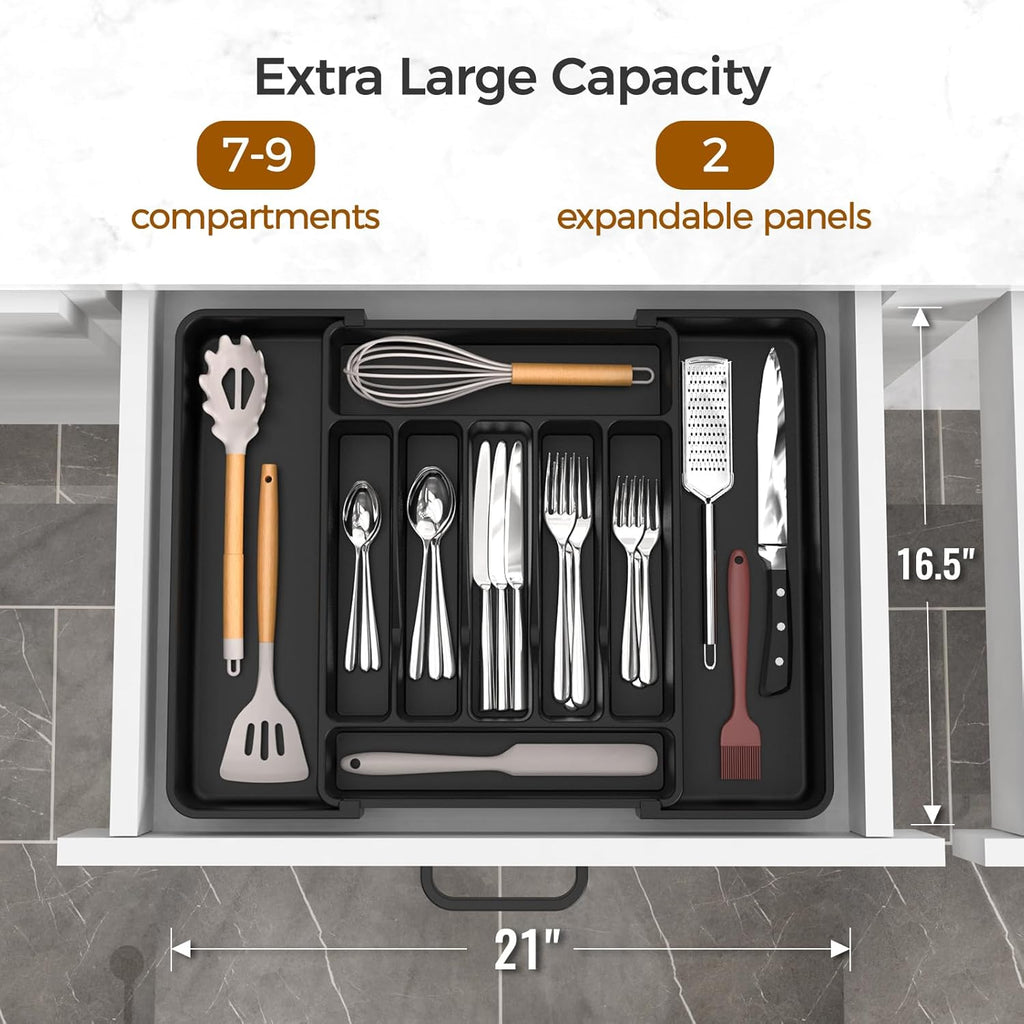 Extra Large Expandable Silverware Organizer, Flatware Tray, Black