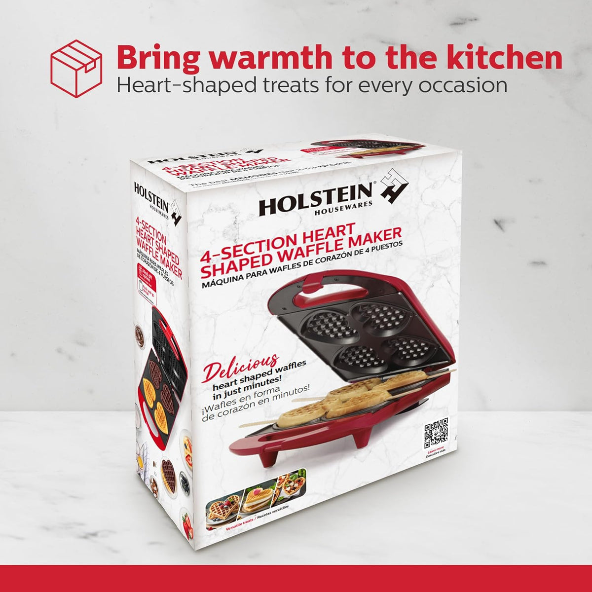 4-Section Heart Shaped Waffle Maker, Non-Stick Waffle Iron, Mini Waffle Maker for Kids, Non-Toxic Coating, Easy to Clean, Makes 4 Heart-Shaped Waffles in Minutes, Red