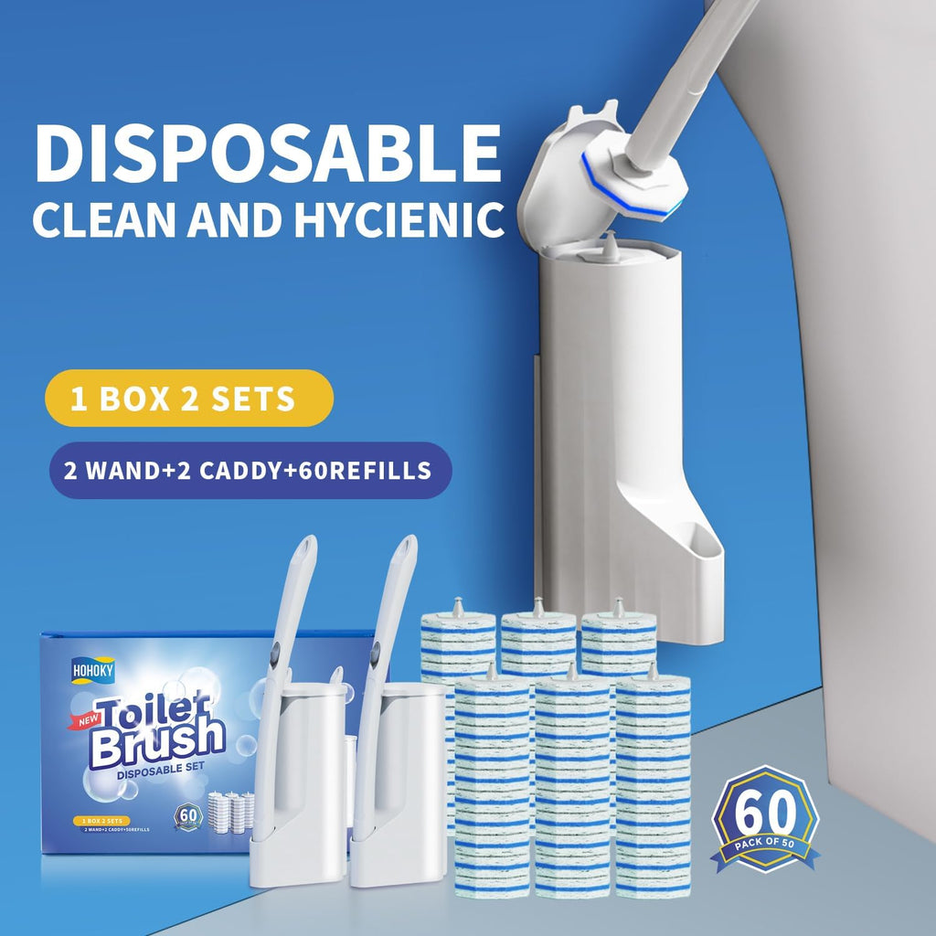 Disposable Toilet Brush Cleaning System, Two Sets of Wands and 60P Refills Pads Replacement Heads, Wall Mounted Toliet Stick Starter Kit Bathroom Maintenance, Toilet Bowl Cleaner Holder