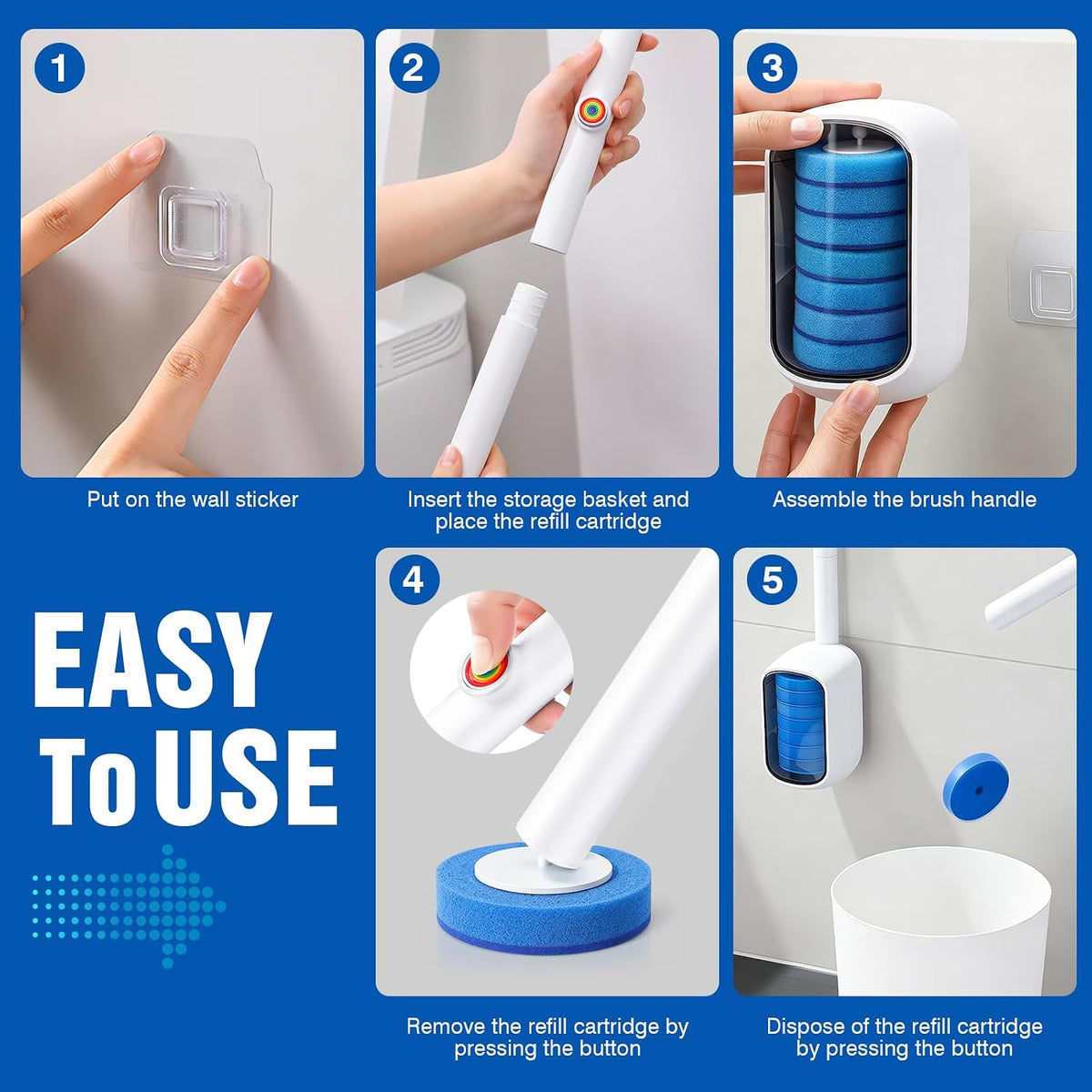 Disposable Toilet Brush, Wall Mounted Toilet Bowl Brush with 35 Blue Refills, Toilet Bowl Brush with Storage Box for Deep Bathroom Toilet Cleaning (1 Handle + 35 Refills).