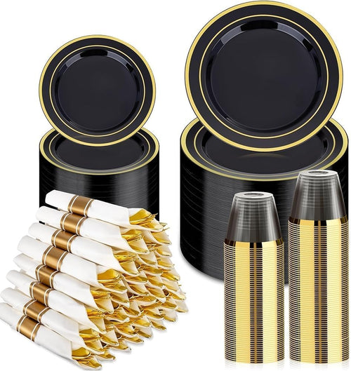350 Piece Black Gold Dinnerware Set for 50 Guests