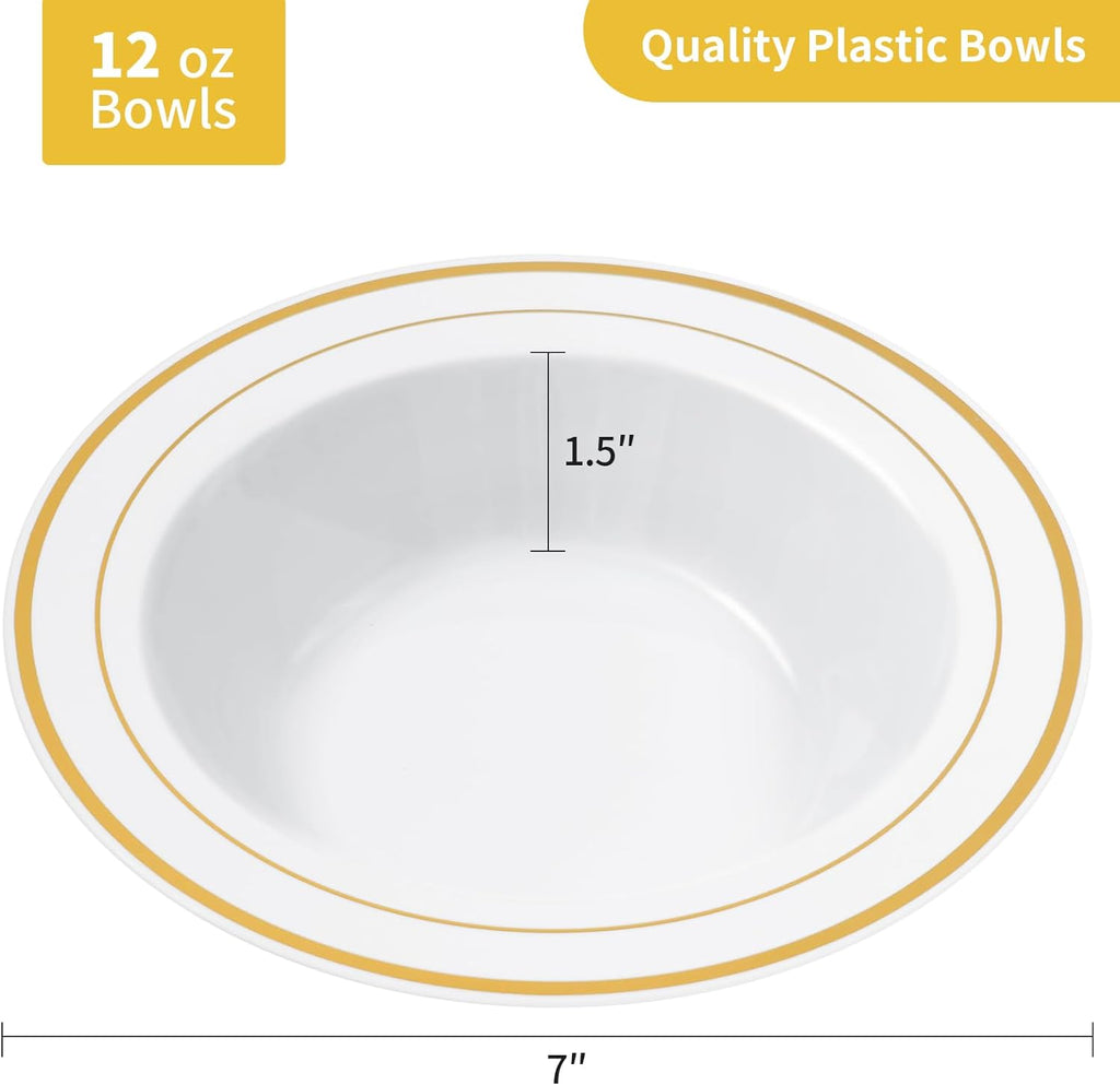 50 Pack Plastic Bowls with Gold Rim