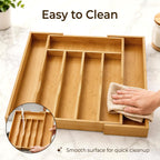 Expandable Bamboo Kitchen Drawer Organizer for Cutlery and Utensils, Adjustable Bamboo Wood Cutlery Tray in Drawer for Flatware and Silverware in Kitchen, (Natural)