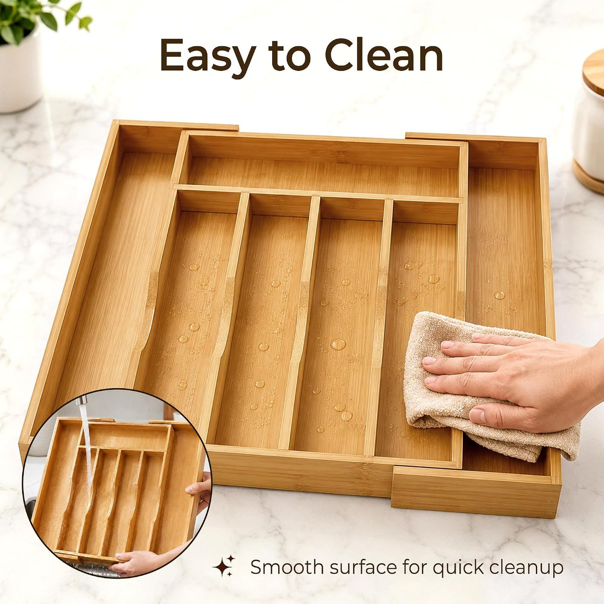 Expandable Bamboo Kitchen Drawer Organizer for Cutlery and Utensils, Adjustable Bamboo Wood Cutlery Tray in Drawer for Flatware and Silverware in Kitchen, (Natural)