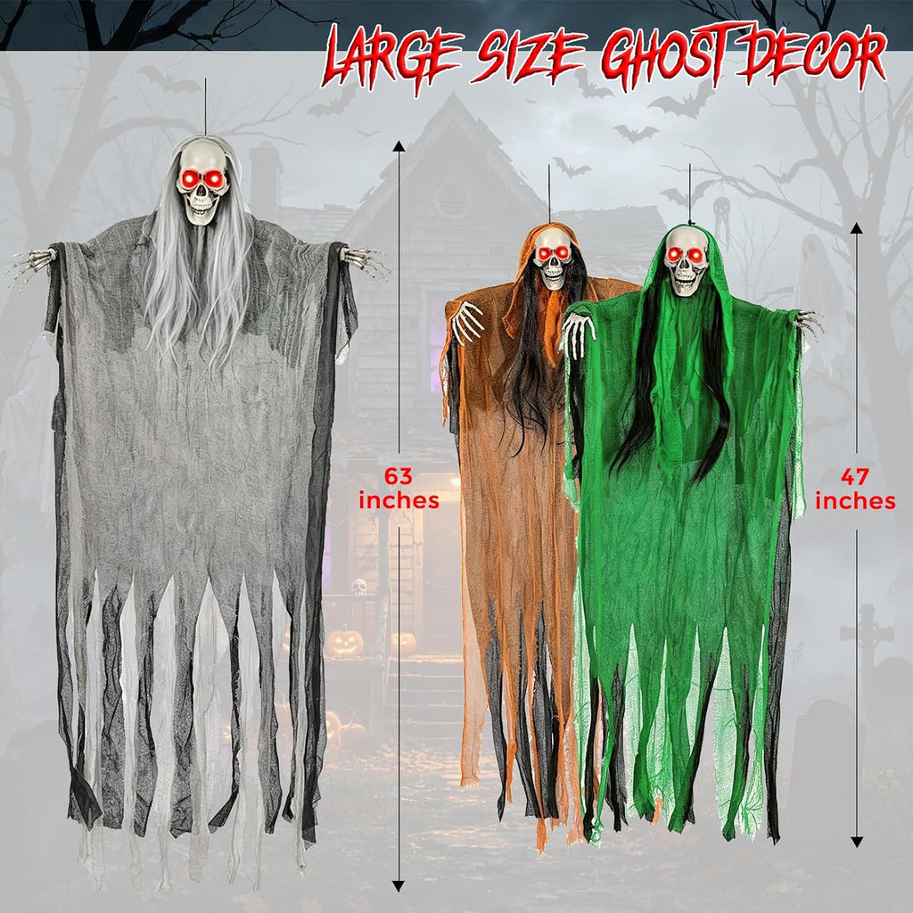 3 Pack Halloween Hanging Skeleton Ghost Decorations with Light up Red Eyes