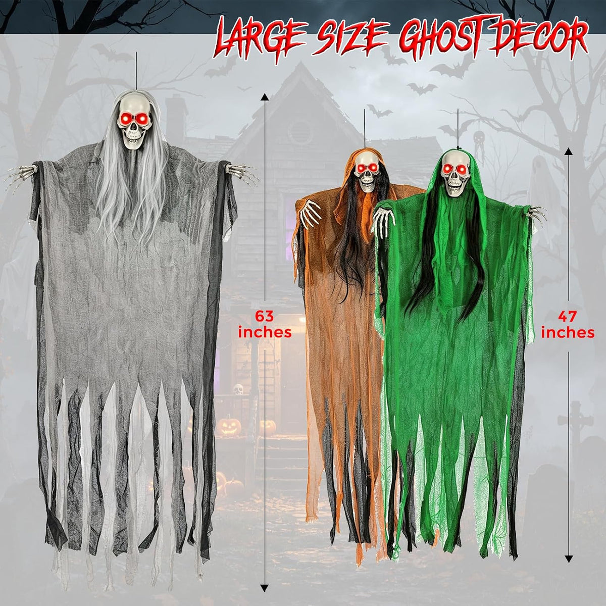 3 Pack Halloween Hanging Skeleton Ghost Decorations with Light up Red Eyes