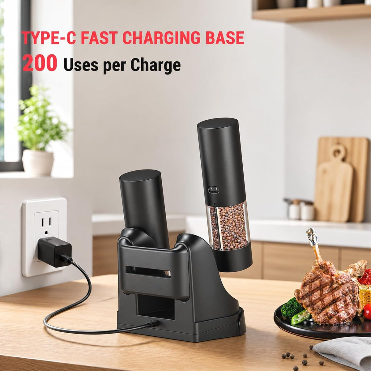 [Upgraded Larger Capacity] Electric Salt and Pepper Grinder Set with USB Charging Base, 95Ml Large Capacity, Adjustable Coarseness,Stainless Steel Automatic Pepper Mill (Upgraded Adjustmen Black)