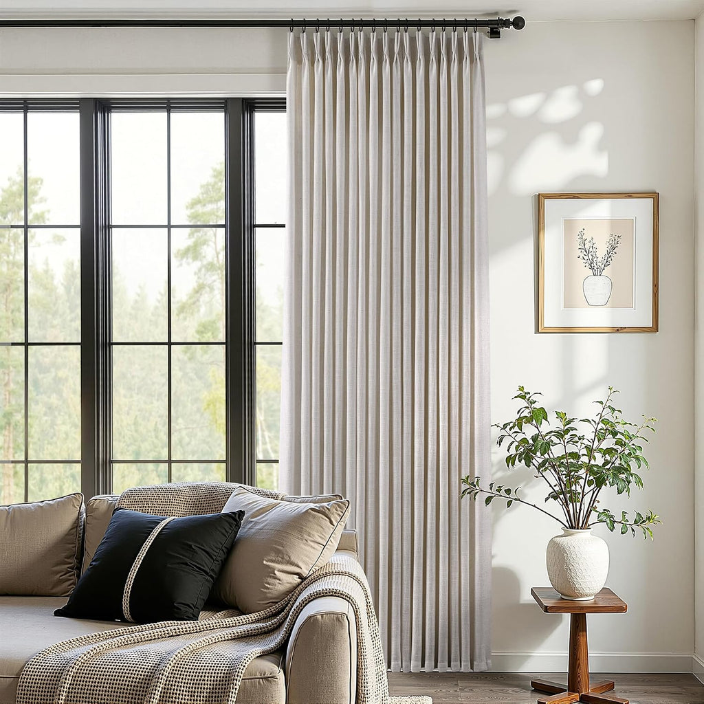 Pinch Pleated Linen Curtains 90 Inches Long Semi Sheer 2 Panels Natural