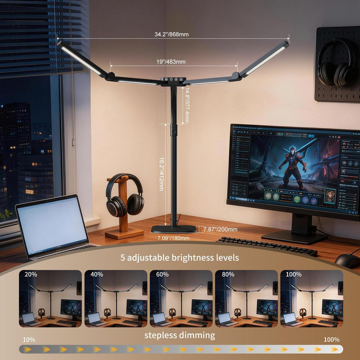 4 Light Bar Design Goose-Neck Desk Lamp with Base,24W Bright Led Tall Overhead Desk Light for Home Office,Eye Care Reading Table Light for Desktop Working,Drafting,Reading