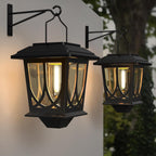 Solar Lanterns Outdoor Waterproof 2 Pack, Glass Auto On/Off LED Hanging Solar Lights, Outdoor Lantern with Wall Mount for Yard Fence Patio - Black