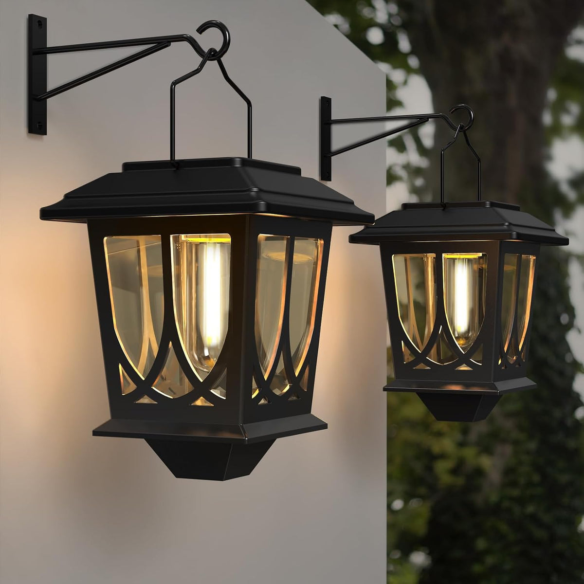 Solar Lanterns Outdoor Waterproof 2 Pack, Glass Auto On/Off LED Hanging Solar Lights, Outdoor Lantern with Wall Mount for Yard Fence Patio - Black