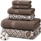 6 Piece Bath Towel Set – Bathroom Set with 2 Bath Towels, 2 Hand Towels, and 2 Wash Cloths – 100% Cotton, Super Absorbent & Extra Soft – Reversible Botanical Vine (Taupe Brown)