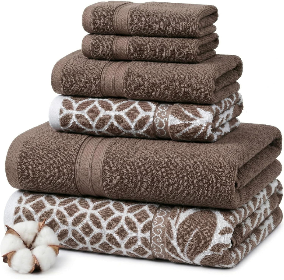 6 Piece Bath Towel Set – Bathroom Set with 2 Bath Towels, 2 Hand Towels, and 2 Wash Cloths – 100% Cotton, Super Absorbent & Extra Soft – Reversible Botanical Vine (Taupe Brown)