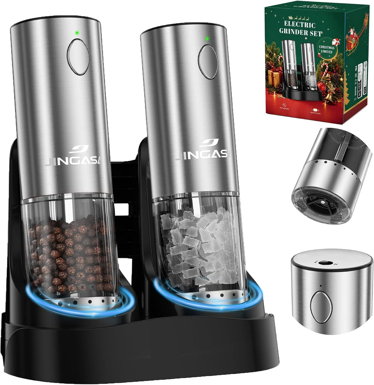 [Upgraded Larger Capacity] Electric Salt and Pepper Grinder Set with USB Charging Base, 95Ml Large Capacity, Adjustable Coarseness,Stainless Steel Automatic Pepper Mill (Upgraded Adjustmen Black)