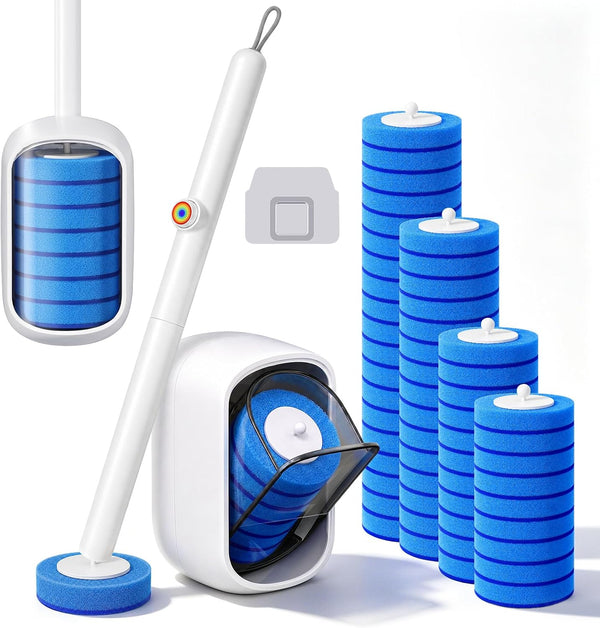 Disposable Toilet Brush, Wall Mounted Toilet Bowl Brush with 35 Blue Refills, Toilet Bowl Brush with Storage Box for Deep Bathroom Toilet Cleaning (1 Handle + 35 Refills).