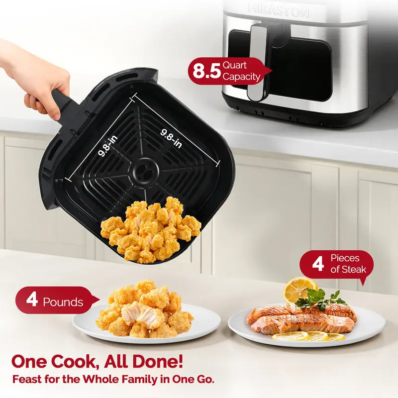 MIRASTON 8.5QT Large Capacity Digital Air Fryer with Visible Cooking Window, Stainless Steel, Nonstick Basket, Dishwasher-Safe, 1500W