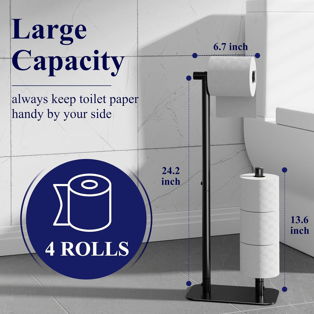 Toilet Paper Holder Stand, Bathroom Storage, Medium, Black