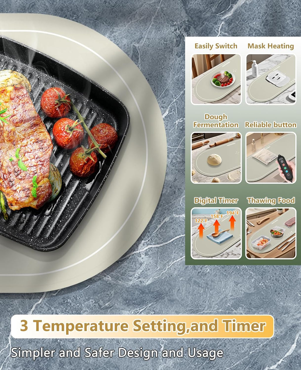 Food Warming Mat for Countertop,Extra Large Silicone Mat,Light Gray