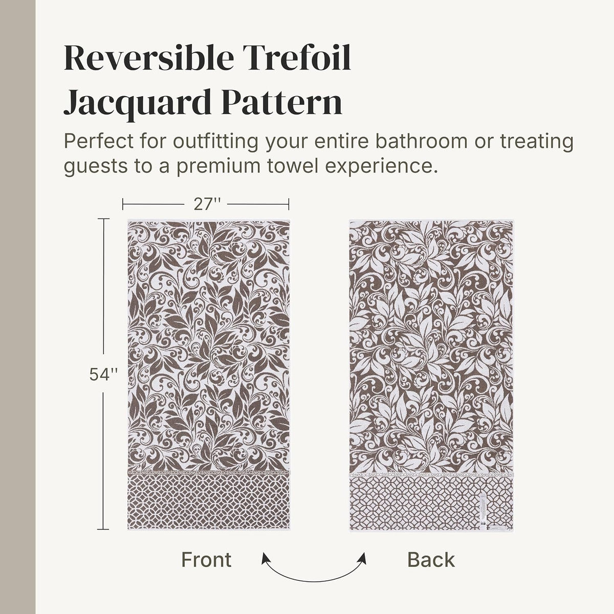 6 Piece Bath Towel Set – Bathroom Set with 2 Bath Towels, 2 Hand Towels, and 2 Wash Cloths – 100% Cotton, Super Absorbent & Extra Soft – Reversible Botanical Vine (Taupe Brown)