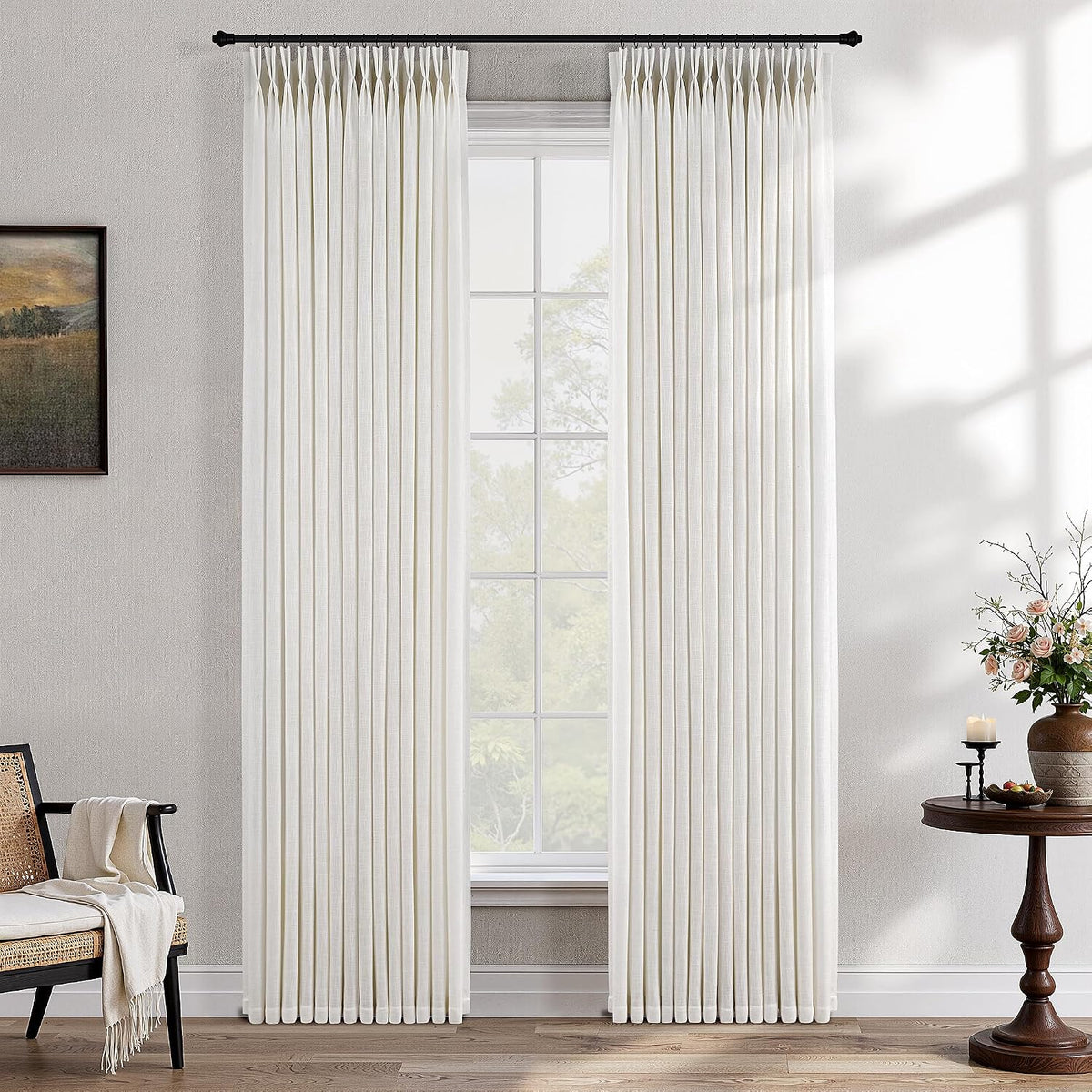 Pinch Pleated Linen Curtains 90 Inches Long Semi Sheer 2 Panels Natural