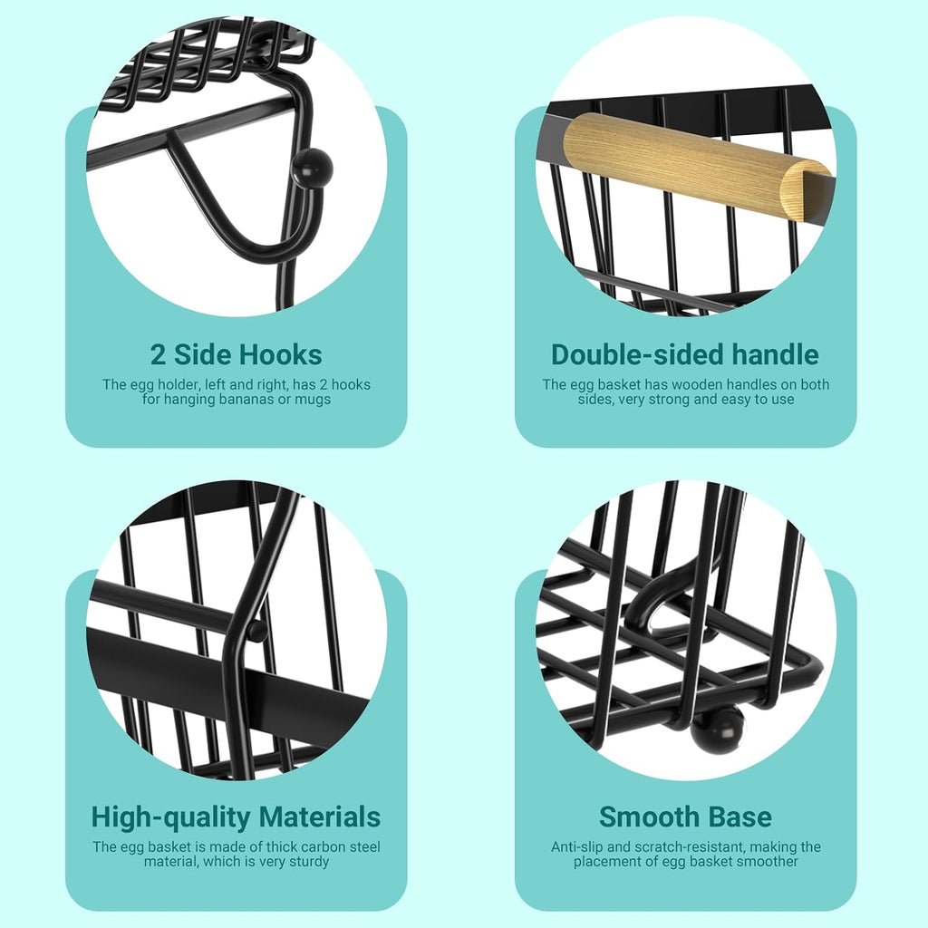 3 Tier Fruit Basket for Kitchen Counter with 2 Banana Hangers, Countertop Metal Fruit Bowl with Wooden Handle, Large Storage Stand for Vegetables, Snacks, Breads, Produce Storage – Black
